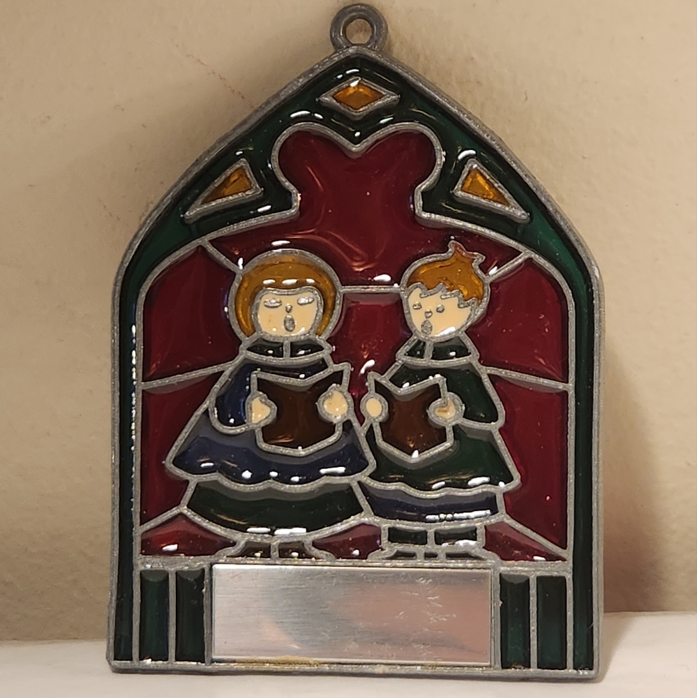 Vtg Christmas Carolers Stained Glass Christmas Ornament Suncatcher Signed